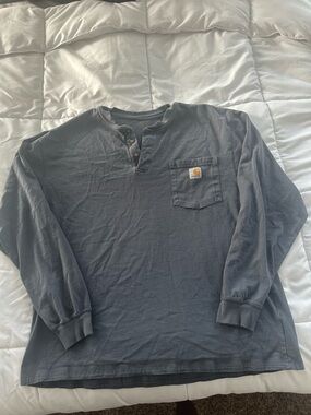 Vintage Carhartt Men's Long-Sleeve Henley Pocket Shirt - Charcoal